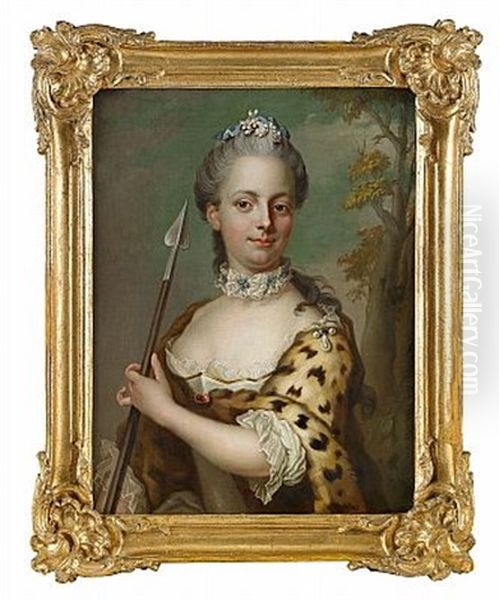 Portratt Forestallande Friherrinnan Charlotte Du Rietz Af Hedensberg, Fodd De Geer Af Leufsta Ikladd Vit Klanning Med Palsmantel Och Spjut I Handen, Framstalld Som Jaktens Gudinna Diana (after Gustaf Lundberg) - view 1