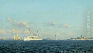 Seascape With The Cruiser Valkyrie Off The Coast Of Kronborg Castle