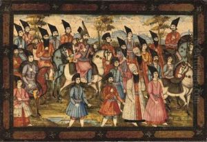 The Young Shah Seated On A White Horse With Courtiers And Qajar Noblemen On Horseback And On Foot by Nasir Al-Din Shah