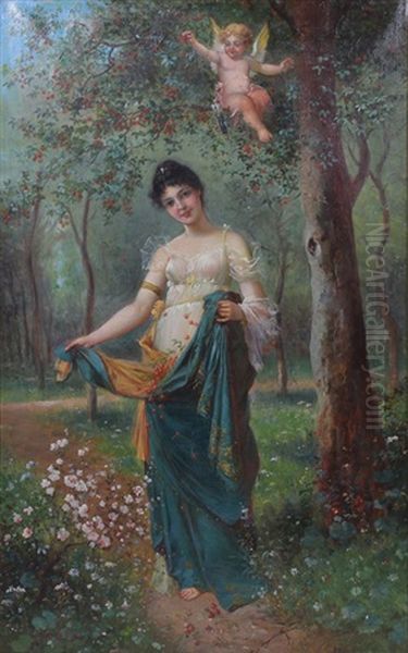 Maiden In A Silk Gown With Cherub - view 1