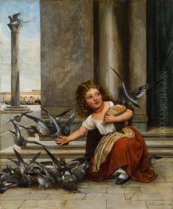 Madchen Beim Taubenfuttern Am Markusplatz by Eugen von Blaas