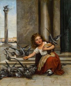 Madchen Beim Taubenfuttern Am Markusplatz (?) by Eugen von Blaas