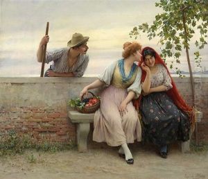 Venezianische Plauderei. Ein Gondoliere Belauscht Das Gesprach Zweier Frauen Auf Einer Terrasse In Der Lagune Von Venedig by Eugen von Blaas