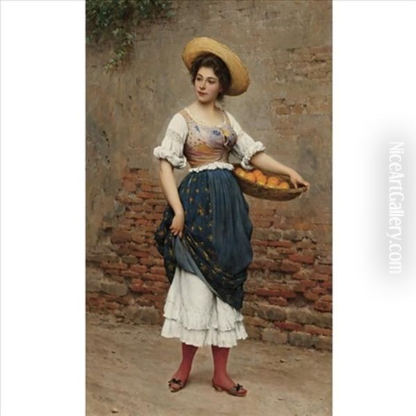 Young Woman With Basket Of Oranges And Lemons - view 1