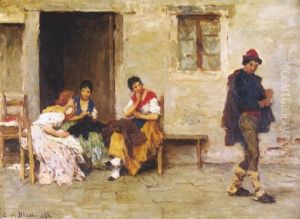 Drei Venezianerinnen Tuscheln Uber Einen Jungen Mann by Eugen von Blaas