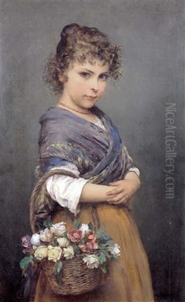 Bildnis Eines Jungen Italienischen Madchens Mit Lockigem Haar, Das Einen Mit Bunten Rosen Gefullten Korb Am Arm Tragt - view 1