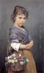 Bildnis Eines Jungen Italienischen Madchens Mit Lockigem Haar, Das Einen Mit Bunten Rosen Gefullten Korb Am Arm Tragt