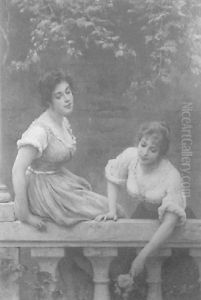 Two Young Women On A Foliage And Brickwork Background by Eugen von Blaas