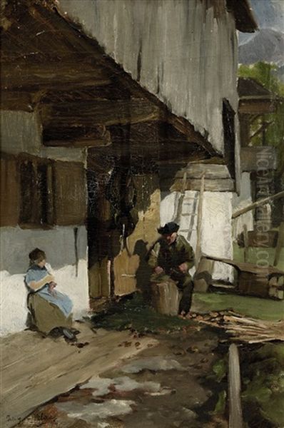 Bauer Und Bauerin Vor Dem Bauernhaus Sitzend - view 1