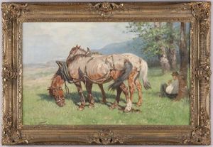 Bauer Mit Pferden Bei Der Rast by Julius von Blaas