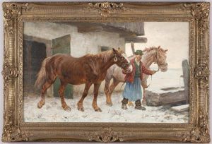 Bauer Mit Pferden Bei Der Tranke Im Winter by Julius von Blaas