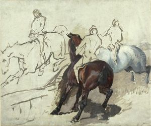 Reitergruppe Aus Der Fuchsjagd In Der Romischen Campagna Mit Dem Principe Von Piemont, Umberto Von Savoyen (preliminary Sketch) by Julius von Blaas