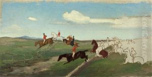 Fuchsjagd In Der Romischen Campagna Mit Dem Principe Von Piemont, Umberto Von Savoyen (unfinished Sketch) by Julius von Blaas