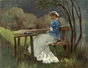 Sitzende Dame Mit Handarbeit Unter Baum Am See by Julius von Blaas