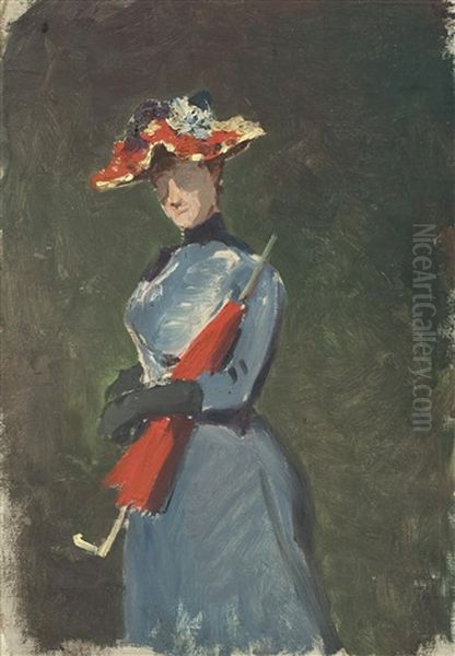 Stehende Dame Mit Rotem Schirm - view 1
