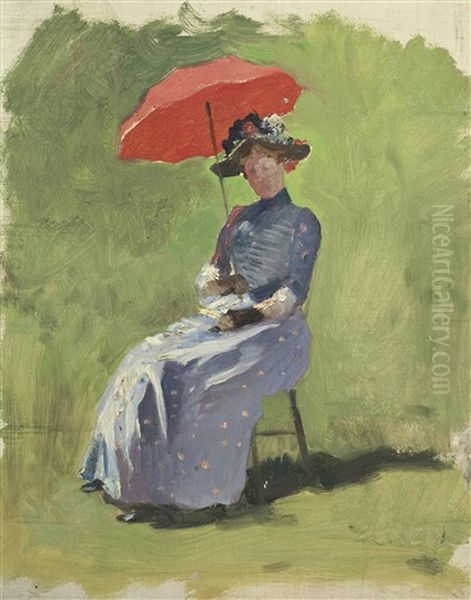 Sitzende Dame Unter Rotem Schirm - view 1