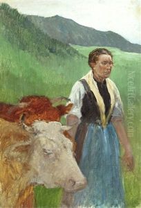 Tiroler Bauerin Mit Kuhen In Landschaft by Julius von Blaas