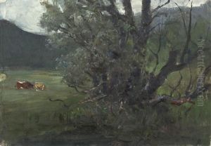 Groser Baum In Wiese Mit Kuhen by Julius von Blaas