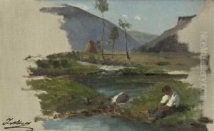 Tallandschaft Mit Bauernknaben Am Bach (study) by Julius von Blaas