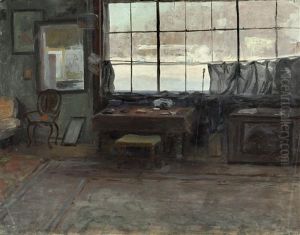 Das Atelier Von Julius Von Blaas In Grunegg Mit Blick Auf Eine Winterlandschaft by Julius von Blaas
