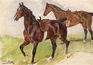 Zwei Gesattelte Pferde by Julius von Blaas
