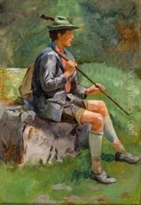 Sitzender Junger Wanderer Mit Stock