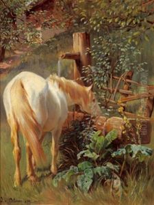 Landliche Idylle Mit Einem Pferd An Der Tranke by Julius von Blaas