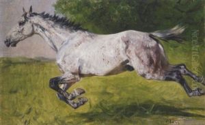Galoppierender Schimmel In Landschaft by Julius von Blaas