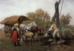 Ungarische Bauern Am Ziehbrunnen Beim Tranken Der Pferde by Julius von Blaas