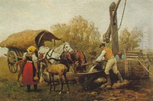 Pferdefuhrwerk Am Ziehbrunnen by Julius von Blaas