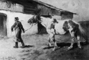 Bauer Mit Seinem Pferd Vor Dem Stallgebaude by Julius von Blaas