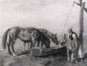 Bauer Mit Pferden Und Fohlen Am Ziehbrunnen by Julius von Blaas