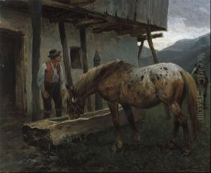 Pferd An Der Tranke Am Bauernhof by Julius von Blaas