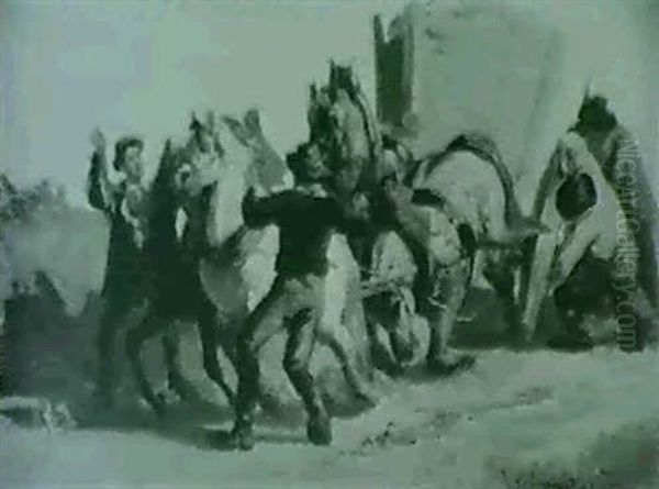 Vierspanniges Pferdefuhrwerk, Das Unter Grosser Anstrengung Mit Hilfe Der Fuhrmanner Aus Dem Acker Heraus - view 1