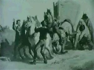 Vierspanniges Pferdefuhrwerk, Das Unter Grosser Anstrengung Mit Hilfe Der Fuhrmanner Aus Dem Acker Heraus by Julius von Blaas