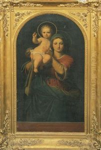 Madonna, Das Segnende Christuskind Auf Der Schulter Tragend. Darstellung Mit Abgerundetem Oberrand by Karl von Blaas
