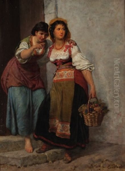 Zwei Junge Italienerinnen In Tracht, Die Eine Mit Blossen Fussen, Die Andere In Der Hand Einen Korb Mit Fruchten Tragend - view 1