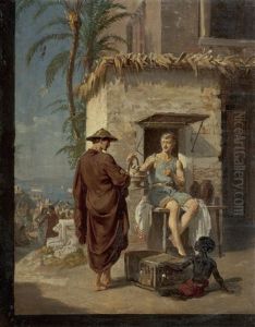 Italienische Marktszene Mit Taubenverkaufer, Zu Dessen Fusen Ein Afrikanisches Kind by Karl von Blaas