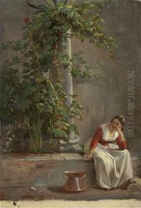 Sitzende Italienerin An Einer Von Pflanzen Umrankten Saule by Karl von Blaas