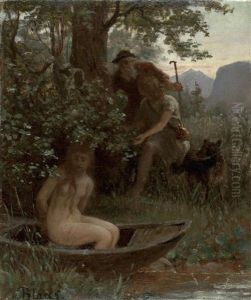 Ein Junger Und Ein Alter Hirte Finden Eine In Einem Boot Ausgesetzte Junge Frau by Karl von Blaas