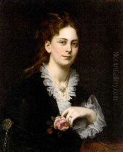 Portrait Of Antoine Freifrau Von Doblhoff Holding A Rose by Karl von Blaas