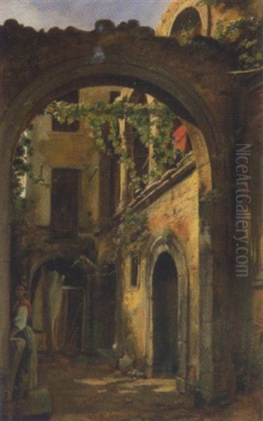 Innenhof Eines Alten Italienischen Gebaudes Mit Frau Am Brunnen - view 1