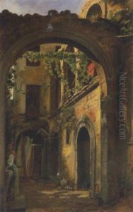 Innenhof Eines Alten Italienischen Gebaudes Mit Frau Am Brunnen by Karl von Blaas