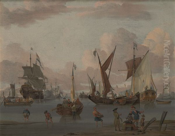 A Coastal Landscape With Dutch Sailing Ships Being Offloaded Near The Beach, Other Ships Firing Salutes In The Background - view 1