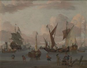 A Coastal Landscape With Dutch Sailing Ships Being Offloaded Near The Beach, Other Ships Firing Salutes In The Background by Johannes de Blaauw