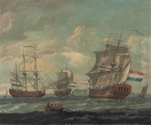 The Dutch Armed Merchantman T'huyst Bloemendal, In Three Positions, In Crowded Waters Off The Low Countries
