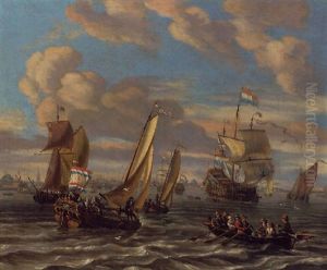 Shipping On The Lj Off Amsterdam With A Bezan Yacht, A Dutch Man-o'-war, A Wherry And Other Shipping by Johannes de Blaauw