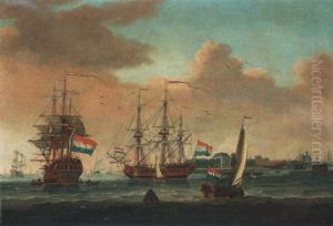 The Sailing Vessel "'t Huys Te Spyk" And Other Ships In 't Ij, Near Amsterdam by Pieter Aartzs Blaauw