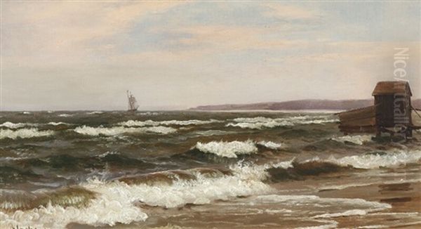 Seascape With Sailing Boat Along Cost, In The Foreground Bathing Hut - view 1