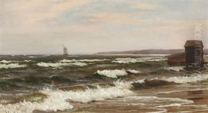 Seascape With Sailing Boat Along Cost, In The Foreground Bathing Hut by Christian Vigilius Blache
